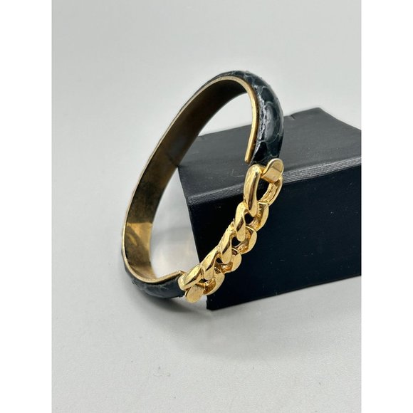 Vintage Snakeskin Black Bracelet Gold Plated Chain Style 80s 90s Costume Jewelry - Picture 5 of 8
